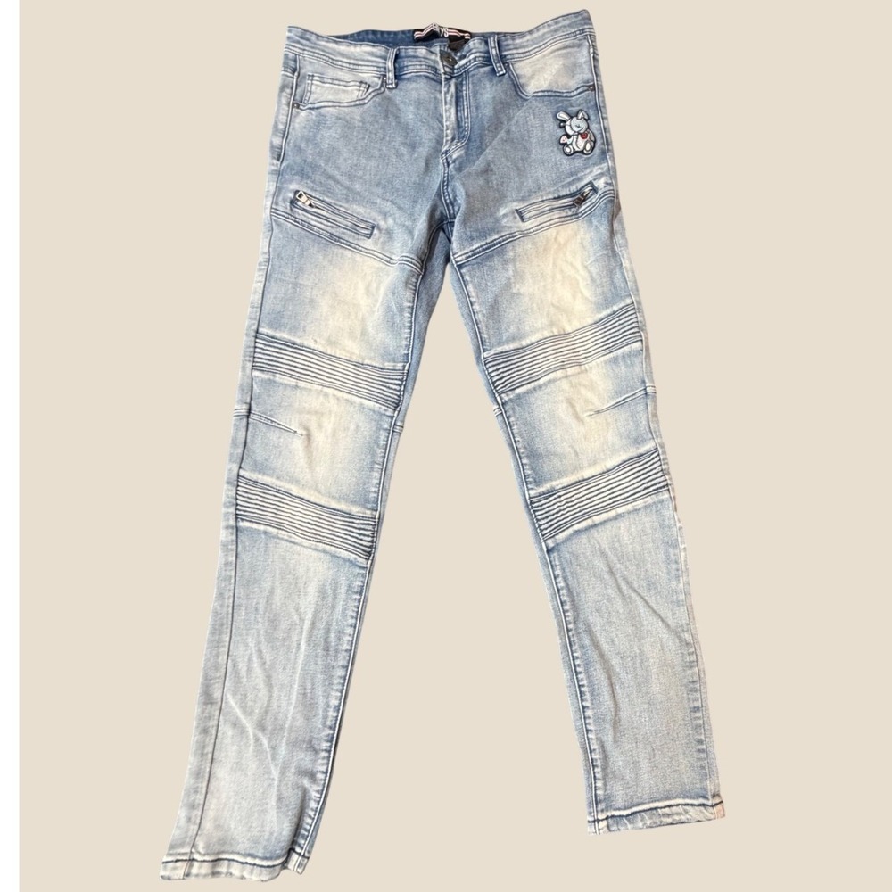 BKYS Mens Moto Jeans Light Wash Bunny Patch Ribbed Slim Fit Denim 34x32
